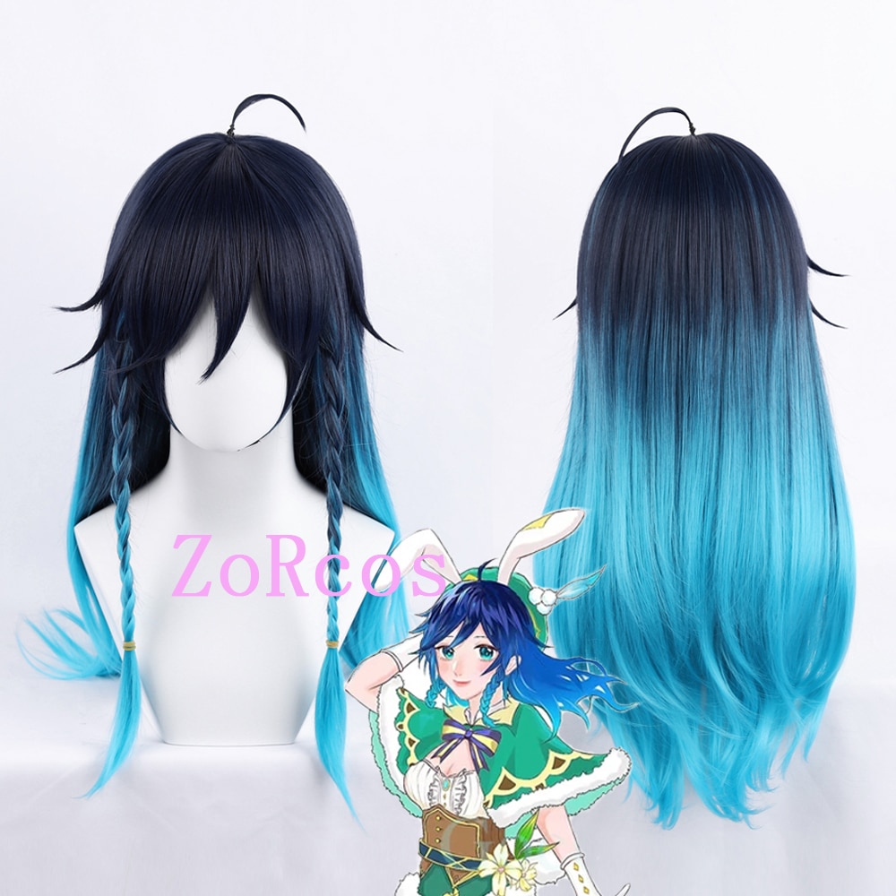 Game Genshin Impact Venti Female Cosplay Wig Venti 65cm Long Blue Heat Resistant Synthetic Hair Halloween Party Role